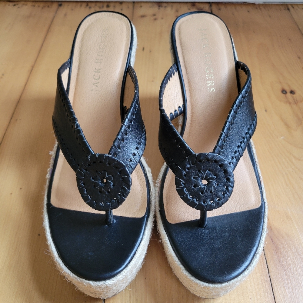 Jack Rogers Rowan Wedge Sandals Black Leather Platform Thongs